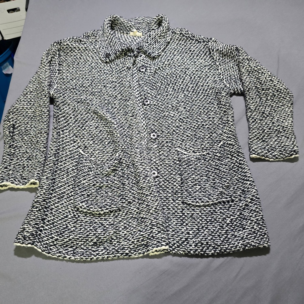 Eileen Fisher Cardigan Sweater Womens L Black White Organic Cotton Button Up